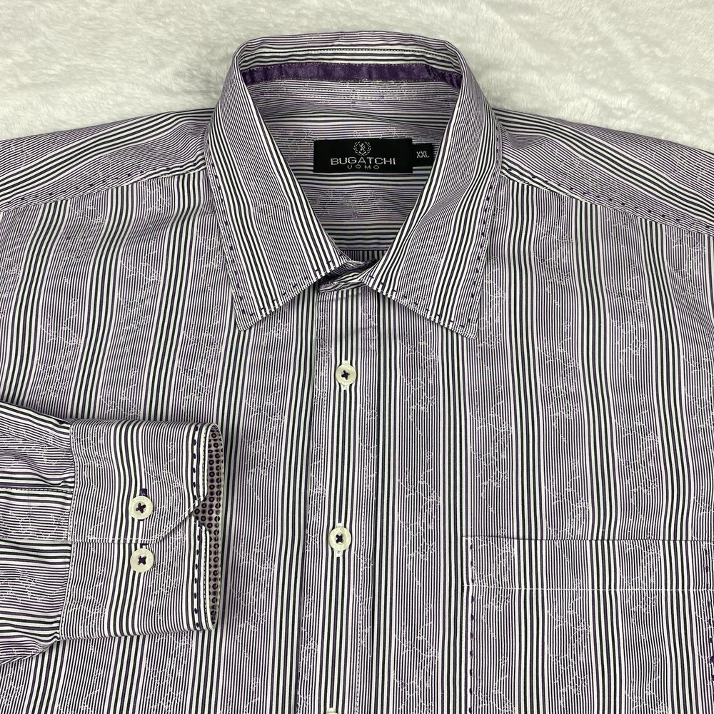 Bugatchi Uomo Dress Shirt Mens‎ XXL Purple Floral Print w/Stripes Flip Cuffs